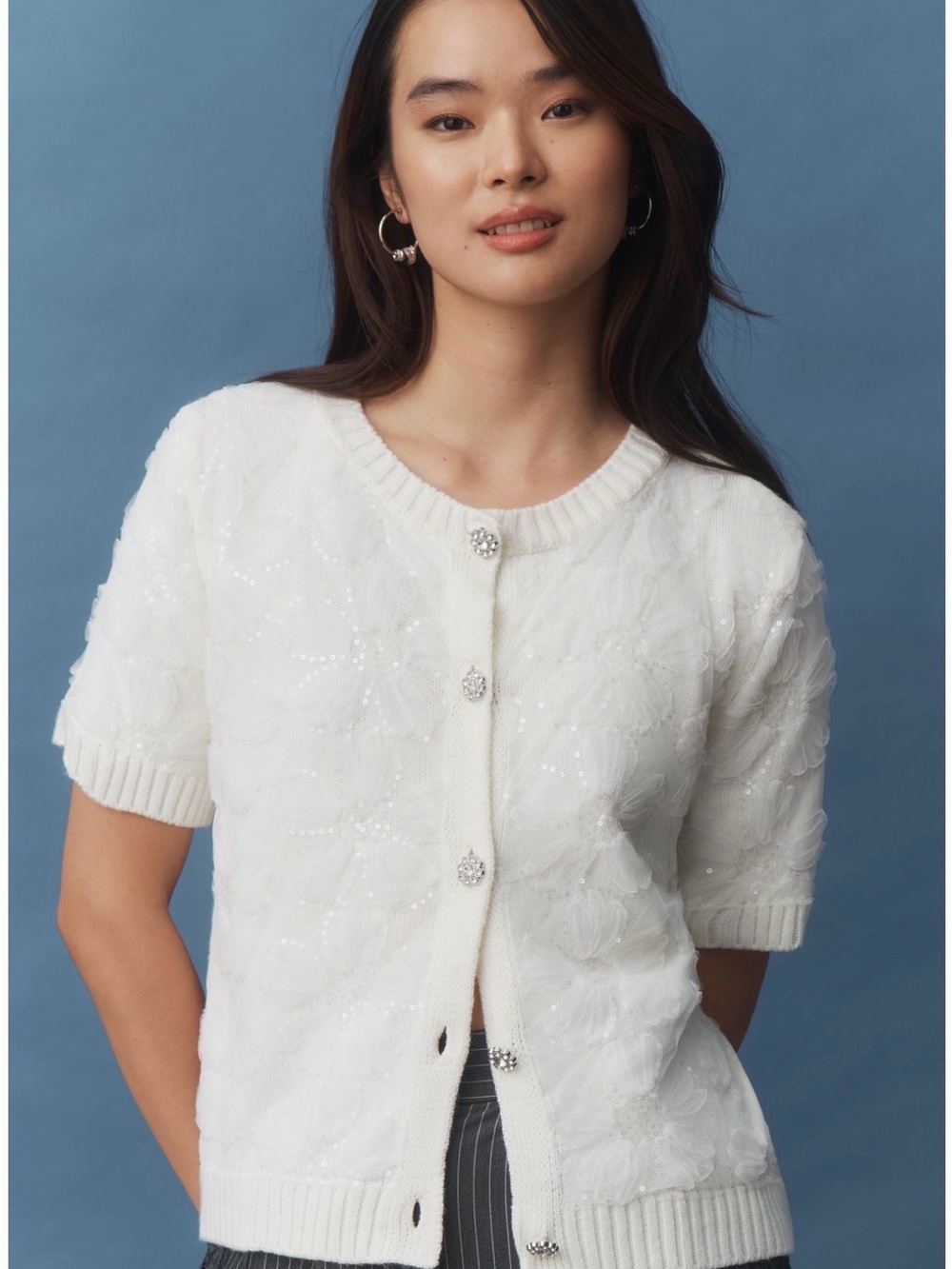 Maeve White Short-Sleeve Floral Embellished Cardigan